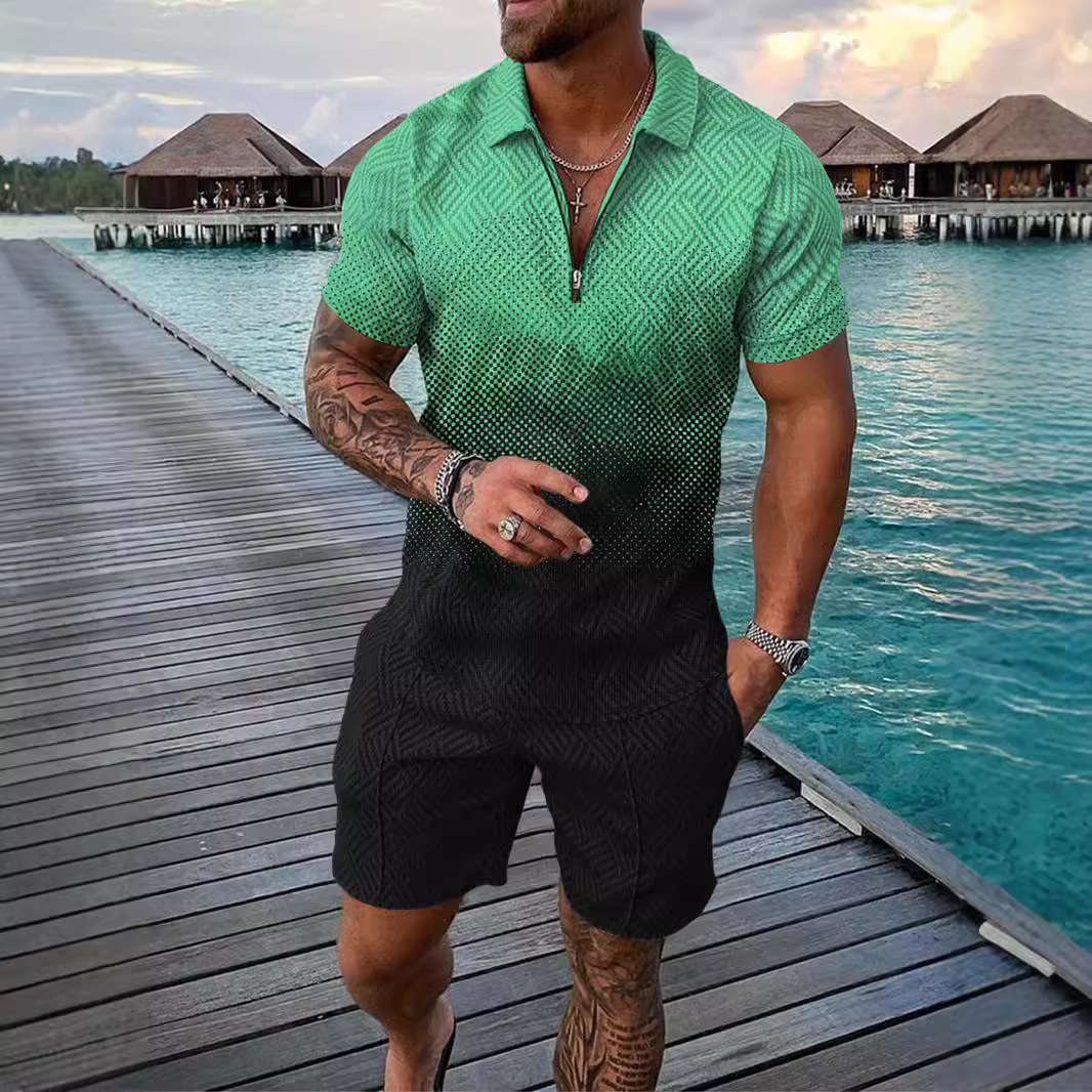 Men's High Street All-match Loose Zipper Pullover POLO Shirt Casual Short Sleeve Top Hot Selling 3D Digital Printing