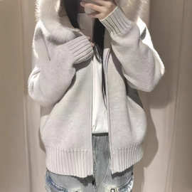 韩系慵懒随性灰色连帽毛领针织外套女冬季新款宽松加厚长袖毛衣潮