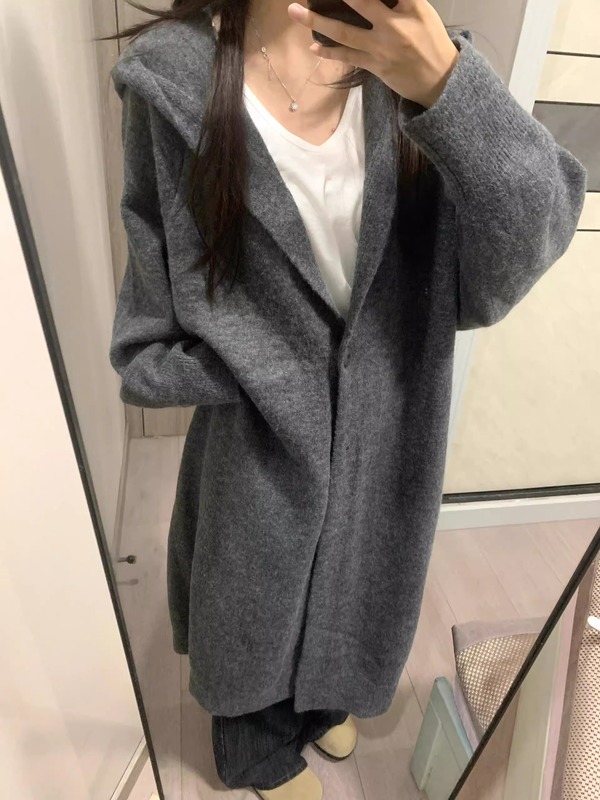 韩系慵懒风连帽长款过膝针织开衫毛衣女秋冬加厚宽松显瘦外套大衣|undefined