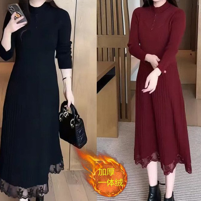 One-Piece Velvet Thickeneded Long Knitted Dress for Women in Winter New Style Fashionable Style with Coat Bottoming Sweater Skirt