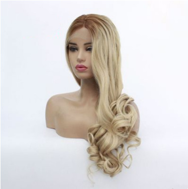 Pelucas transfronterizas de fibra química europea y americana frente de encaje cubierta de cabeza marrón gradiente mezcla dorada ondulado grande rollo LW0075