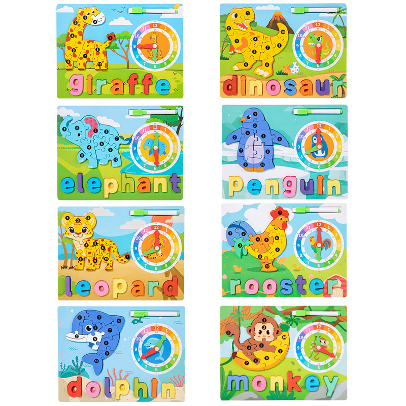 Certificado CE transfronterizo personalizado jardín de infantes educación temprana animales ortografía de palabras en inglés rompecabezas reloj material didáctico tablero de dibujo