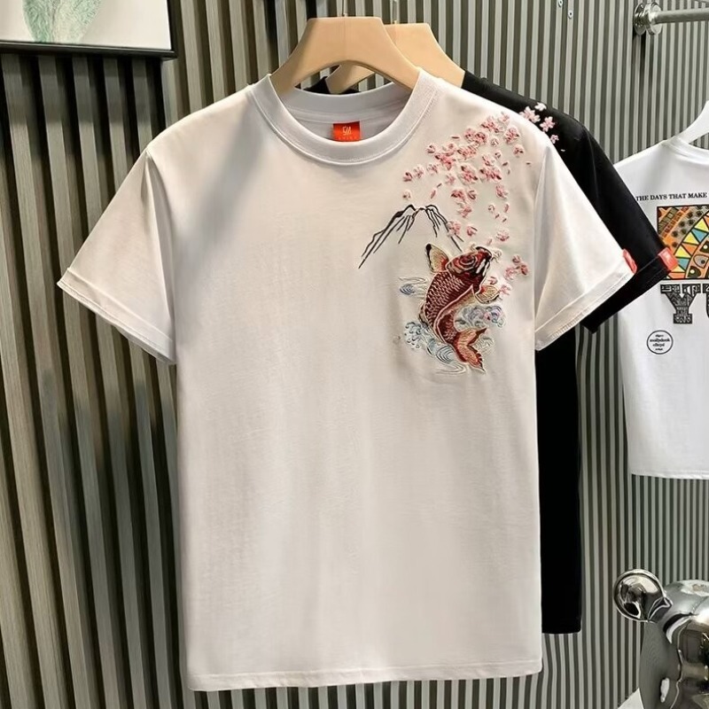 2025 New Arrival Summer Chinese Style Embroidered Koi Casual T-shirt Short-sleeved Men's Youth Heavy Industry Fashion T-shirt Ins Trendy