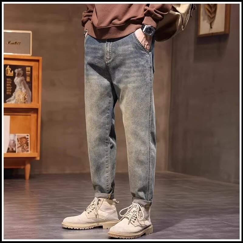 2024 otoño nuevos hombres estilo americano retro lavado de pierna ancha jeans-escalera amarilla-N929-T032-P45