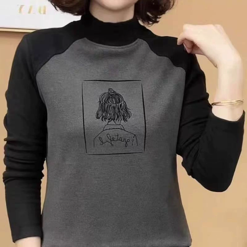 2024 Новый осенний и зимний модный минус возраст Сшивание тонкая нижняя рубашка женская половина высокого воротника корейская версия верхней части с длинными рукавами