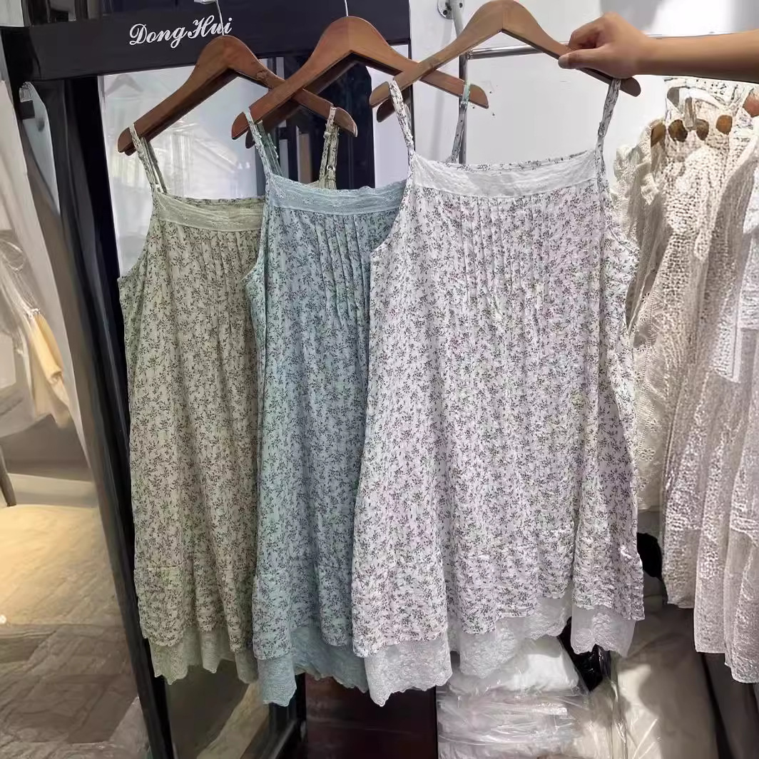 Mori Style Fresh Style Floral Sling Dress Thin Cotton and Linen Lace Stitching Organ Pleated Vest Sling Dress for Summer Women