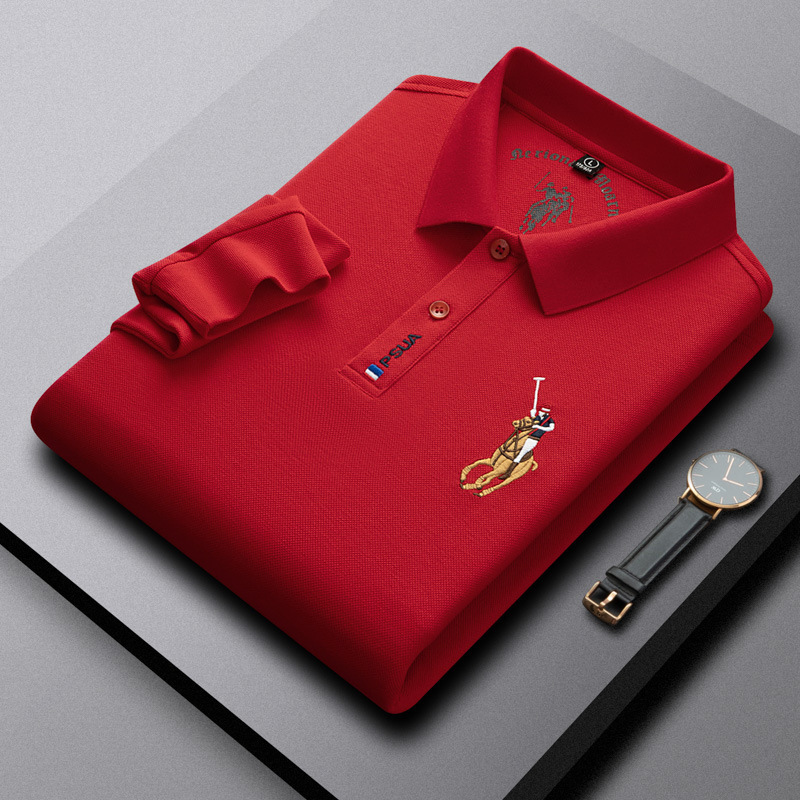 Dad's New Year's Clothing Features a Collared Embroidered T-Shirt, a Spring Trendy Polo Shirt, Paul Official Pure Cotton Long-Sleeve Polo Shirt for Men