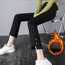 韩版修身黑色薄绒九分小直筒开叉不规则打底女裤秋冬职业小黑裤潮