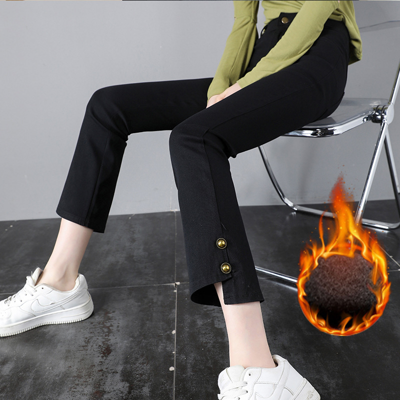 韩版修身黑色薄绒九分小直筒开叉不规则打底女裤秋冬职业小黑裤潮