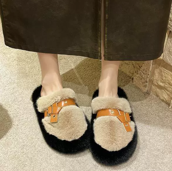 Теплые женские тапочки на толстой подошве с пряжкой, осень-зима 2025, новинка, корейский стиль, закрытый носок, для улицы, большие размеры, модные плюшевые тапочки для женщин