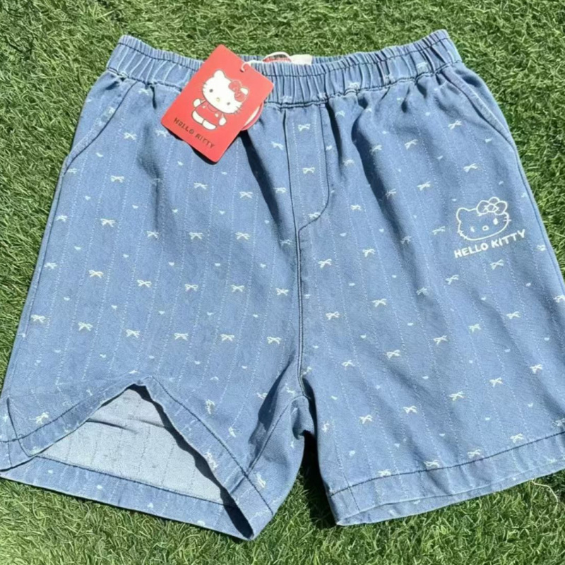 Stylish and Comfortable Casual Design 6046 Summer Elastic Waist New Cute Kitty Embroidered Denim Shorts