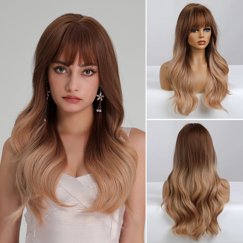 国境を越えた欧米のかつらの女性hairチー前髪長いカールグラデーションホワイトゴールド新製品メカニズム化繊頭カバーwigs|undefined