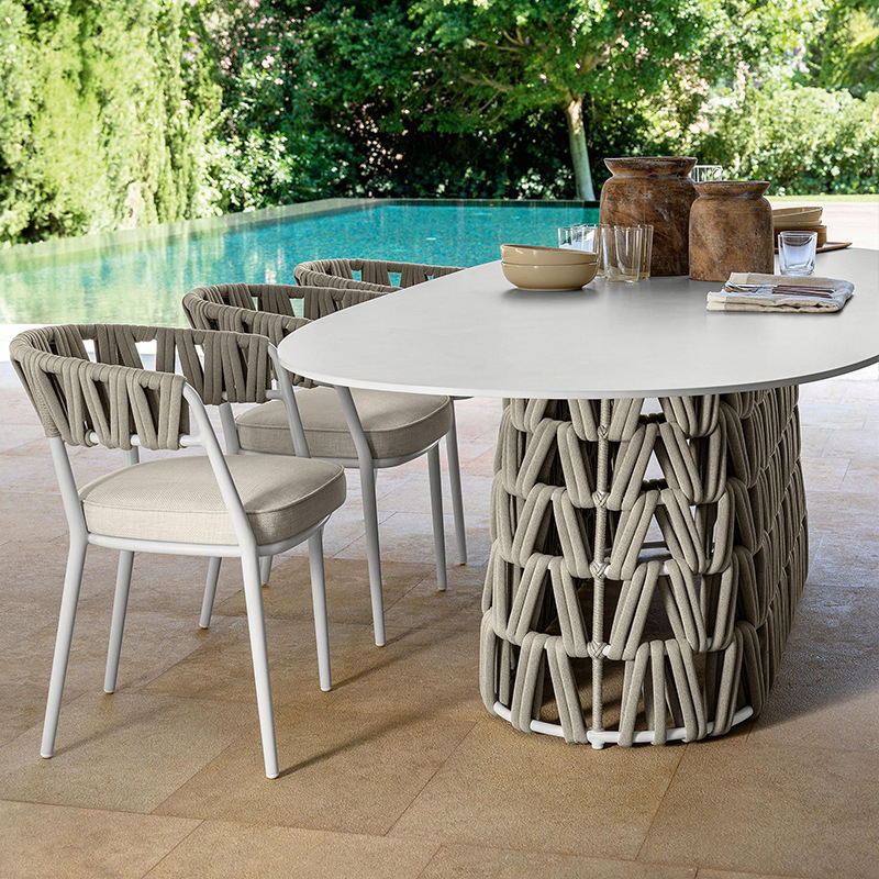 Mesas y sillas para exteriores, jardín de villa con patio, sillas de ratán resistentes al sol y a la lluvia, mesa de comedor de pizarra para terraza, mesa redonda y sillas para exteriores image 3