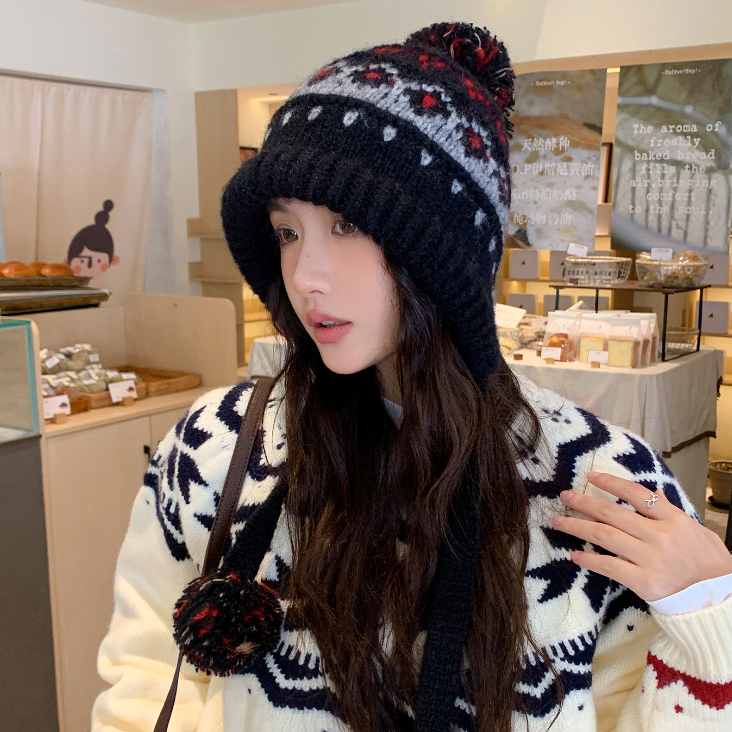 フェア島風毛糸帽子女子秋冬レトロ百合大頭囲保温ニット帽子顔小耳保護帽子