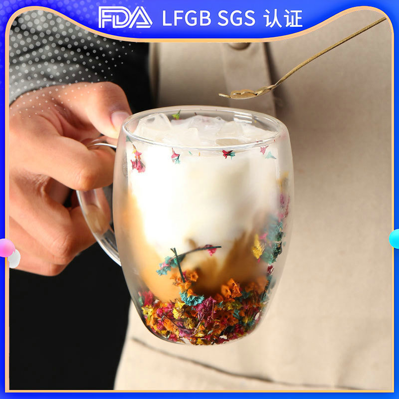 Vaso de Vidrio de Doble Capa con Flores Reales, Famoso en Internet, Alto Valor Estético, Regalo de Recuerdo, Borosilicato de Alta Resistencia, Diseño Simple con Tapa, Resistente a Altas Temperaturas.