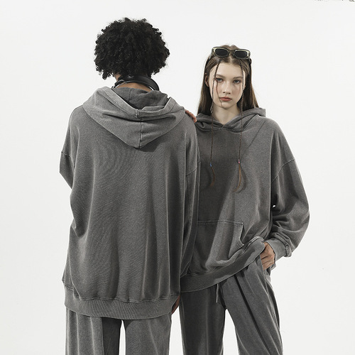 350g 80% cotton distressed oversized hooded sweatshirt with dropped shoulders, retro water-washed ribbed hooded sweatshirt