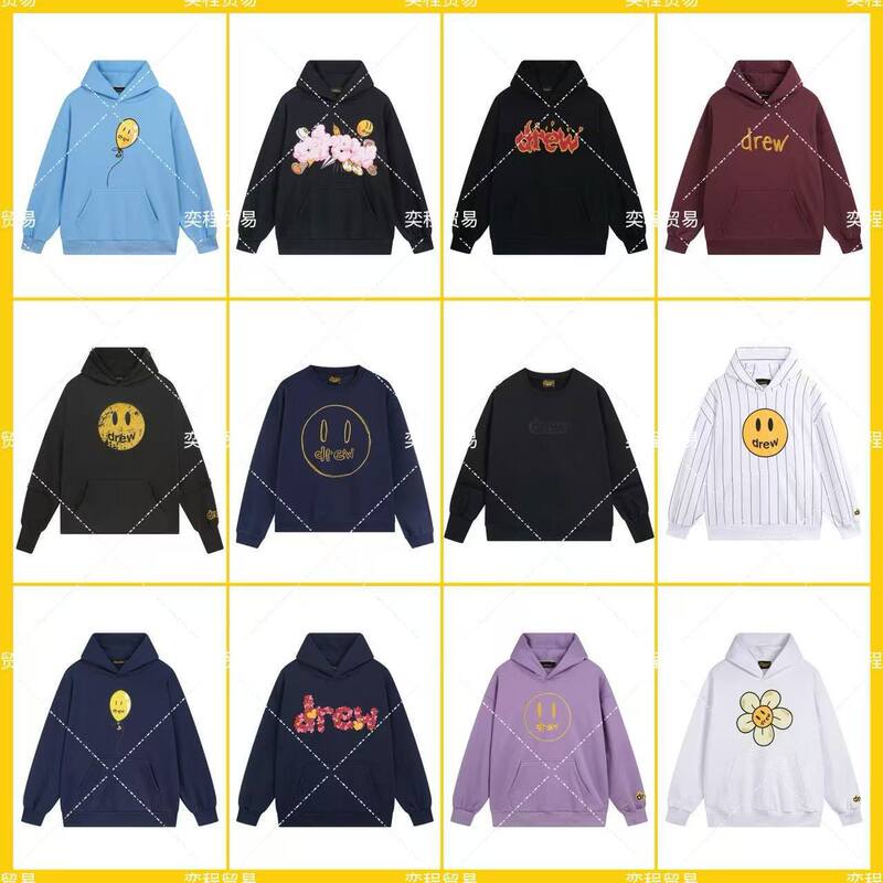 Drew Icon American Trendy Brand Letters Smiley Face Flowers Flame Old Destruction Autumn and Winter Loose Hoodie Sweatshirt for Men
