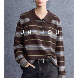 松弛老钱_时髦撞色条纹蓬松温暖羊绒羊毛POLO翻领长袖针织衫