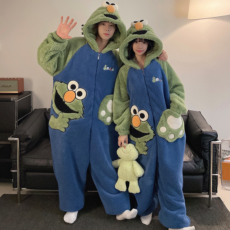 Invierno pareja pijamas de dibujos animados de las mujeres con capucha más el tamaño cálido estudiante ins estilo de una sola pieza desgaste del hogar 200kg usable