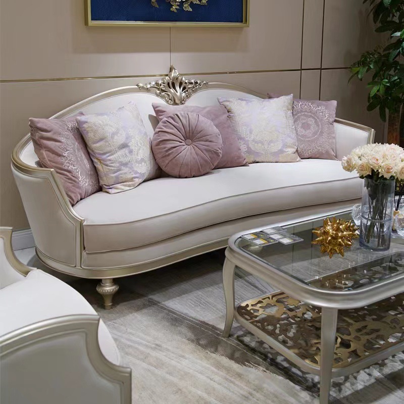 美式轻奢沙发法式现代实木布艺沙发别墅客厅弧形雕花沙发茶几组合