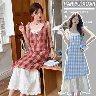 in stock maternity dress 2025 summer Korean version of girls holiday fake two-piece stitching red plaid suspender dress