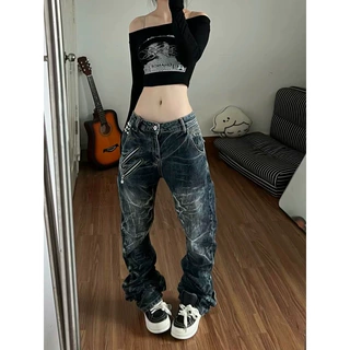 美式个性辣妹重磅划痕铆钉设计感牛仔裤子秋季女修身弯刀堆堆长裤