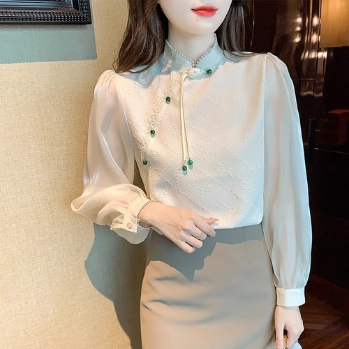 White New Chinese Style Top Autumn 2023 New Women's Shirt Button Jacquard Silk Shirt