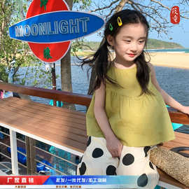 外贸童装女童夏季套装女孩韩版无袖上衣圆点灯笼裤两件套儿童衣服