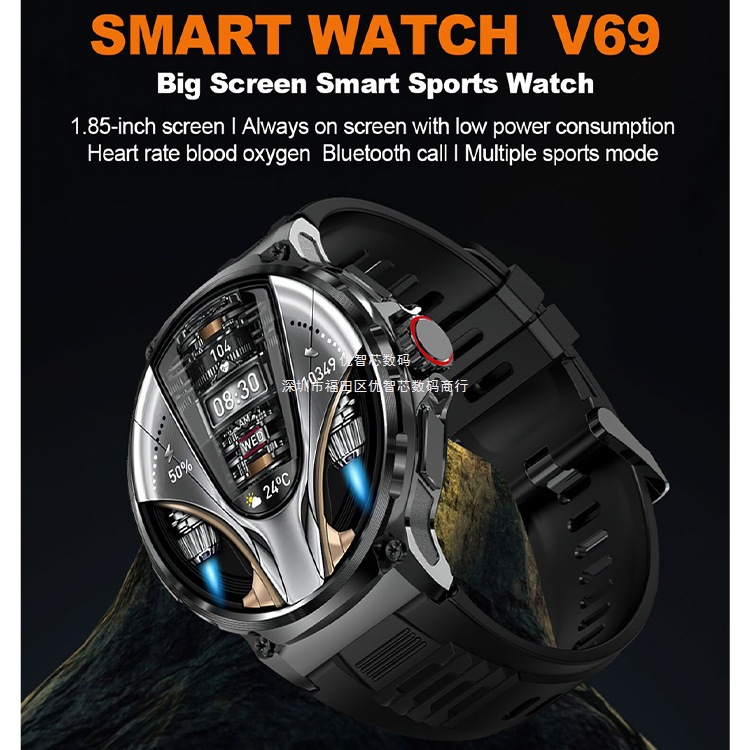 Pantalla ultra grande de 1,85 pulgadas HD V69 reloj inteligente al aire libre para hombres llamadas deportivas recordatorios Bluetooth