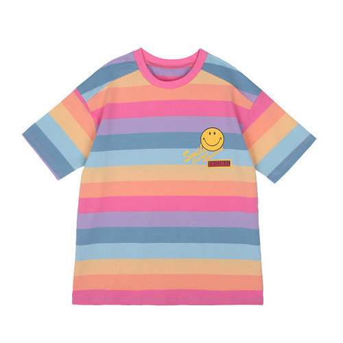 Girls Korean style T-shirt long rainbow top children's colorful striped dress summer wear new loose children's clothing
