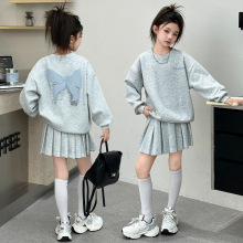 女童春秋款衣裙套装2025新款中大童儿童甜美蝴蝶结上衣百褶裙两件