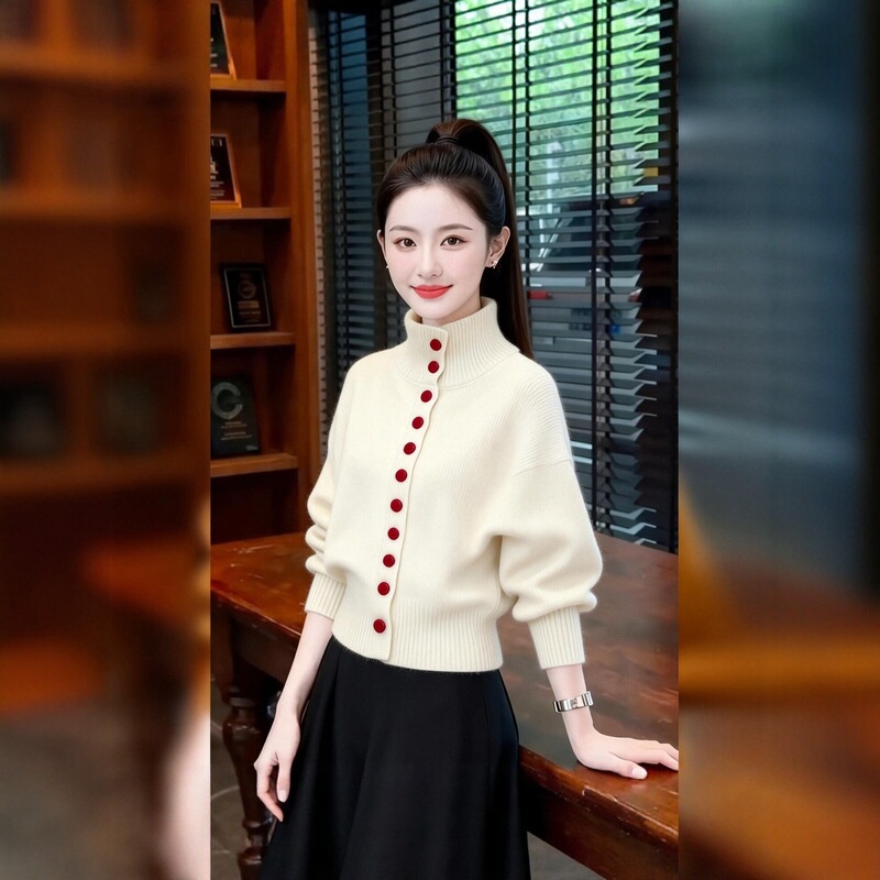 White half-high collar sweater cardigan for women, 2026 new autumn and winter plus size, knitted cardigan with straight shoulders, Korean style top White half-high collar sweater cardigan for women, 2026 new autumn and winter plus size, knitted cardigan with straight shoulders, Korean style top
