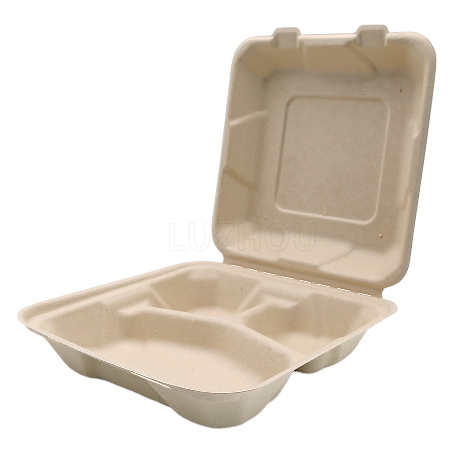 Suneng oasis Pulpa de caña de azúcar Pulpa de bambú desechable vajilla de protección del medio ambiente caja de bloqueo de tres rejillas de 8 pulgadas degradable compostable