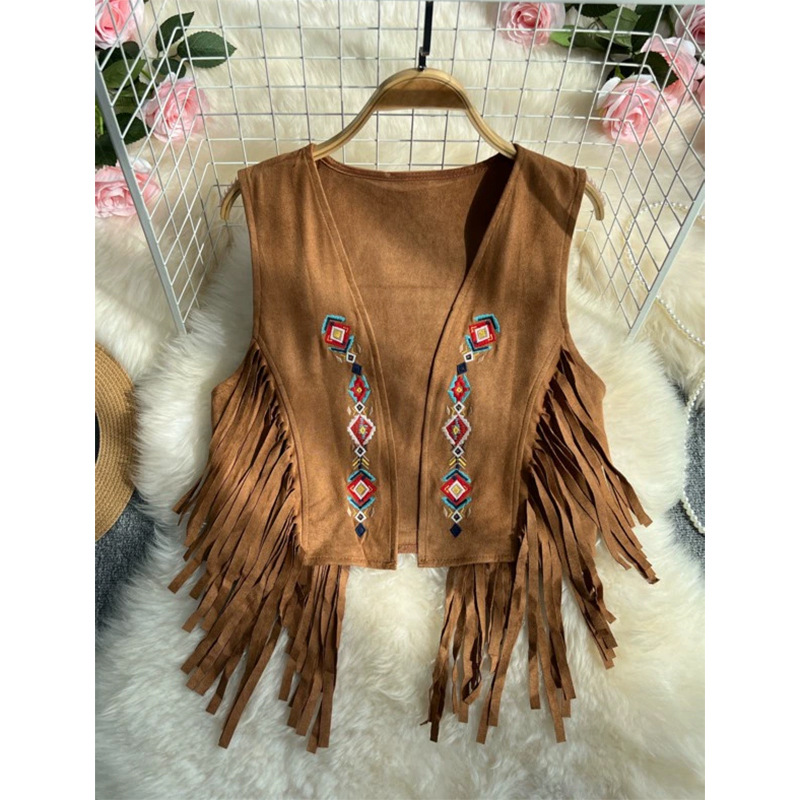 2025新品欧美春夏时尚薄款流苏马夹女欧洲站麂皮绒可定制