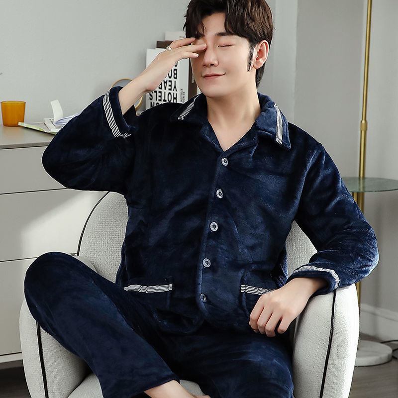 플란넬 잠옷 남성용 가정 의류 플러스 벨벳 두꺼운 산호 벨벳 정장 겨울 긴팔 가을, 겨울 카디건을 따뜻하게 유지