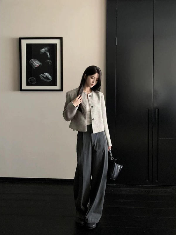 春秋新款复古圆领单排扣上衣女条纹宽松小香风外套女年轻简约时尚|undefined