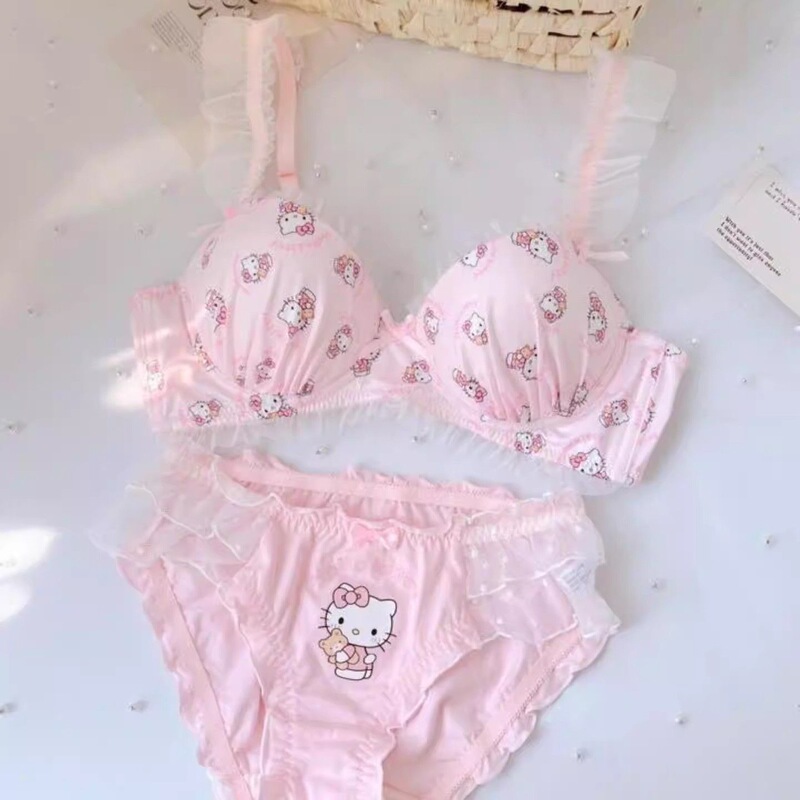 Hellokitty Lingerie for Women, Japanese Sweet Lace Style, No Underwire, Small Chest Push-Up, Anti-Sagging Bra Set Hellokitty Lingerie for Women, Japanese Sweet Lace Style, No Underwire, Small Chest Push-Up, Anti-Sagging Bra Set