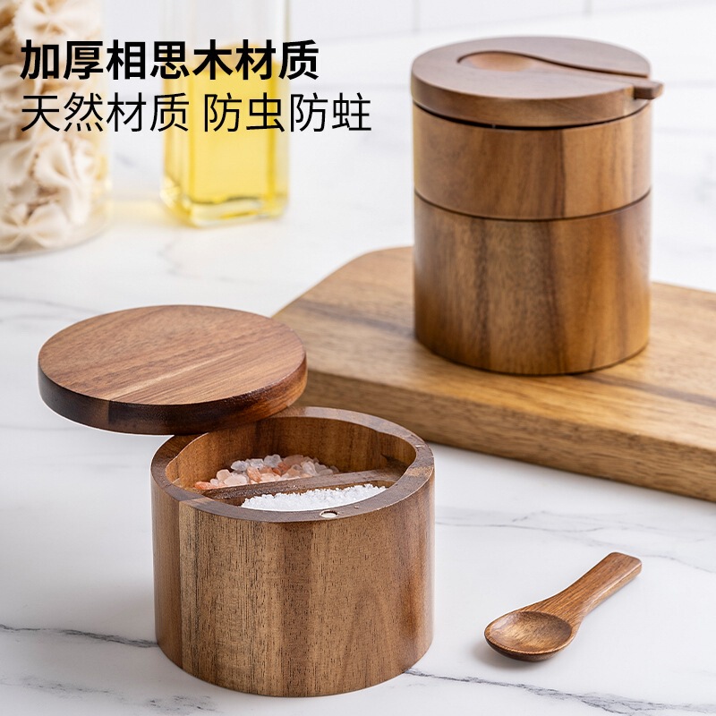 アカシアの木の塩の缶の木の調味料の箱の木製の胡椒の粉の箱の台所の調味料の瓶の塩の箱は調味料の缶を収納します。|undefined