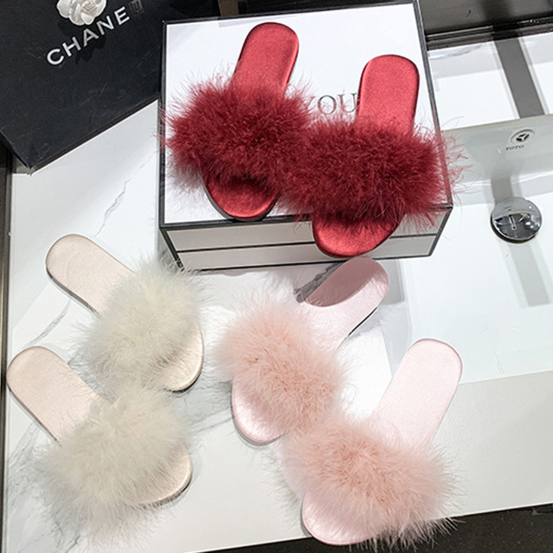 Wedding Morning Gown with Slippers New Style Mao Mao Women's Outer Wear Fashion Low Heel Wedding Bridesmaid Feather One-Slip Shops