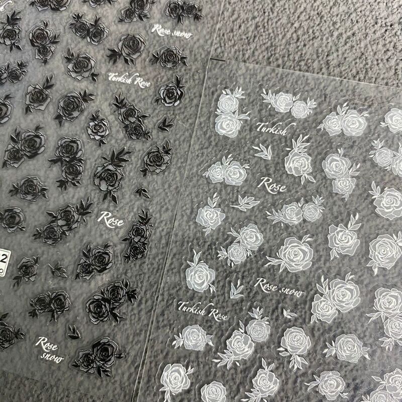 Semi-Transparent Black and White Rose Flower Nail Art Sticker Embossed Ink Retro Blooming Flower Adhesive Nail Sticker Decoration Semi-Transparent Black and White Rose Flower Nail Art Sticker Embossed Ink Retro Blooming Flower Adhesive Nail Sticker Decoration