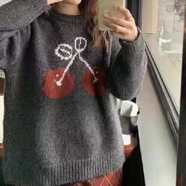樱桃宽松毛衣女复古针织新款穿搭设计感上衣糯2024甜美软慵懒秋冬