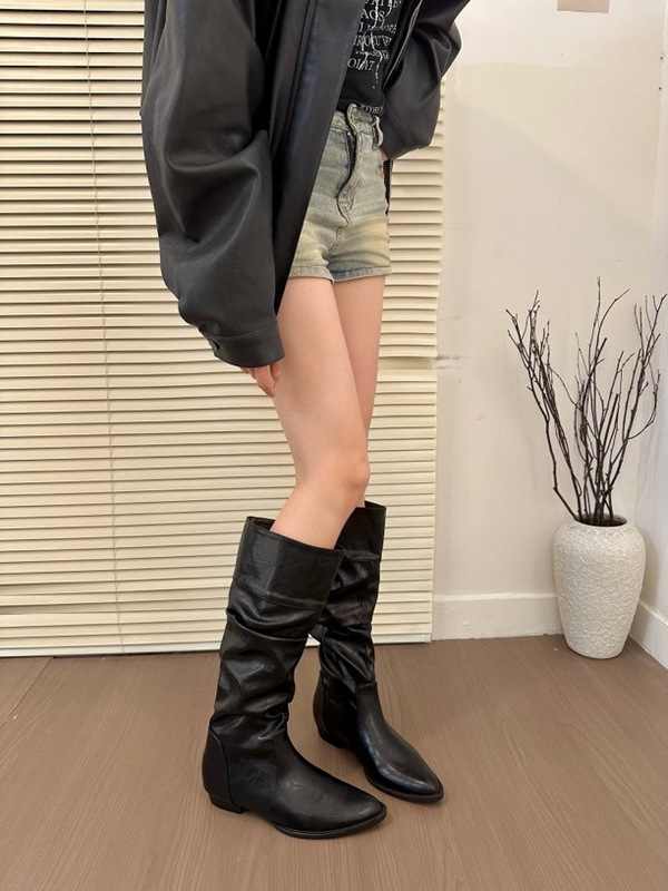 北岛千金！韩版三穿尖头内增高堆堆靴女秋冬褶皱平底长靴|undefined