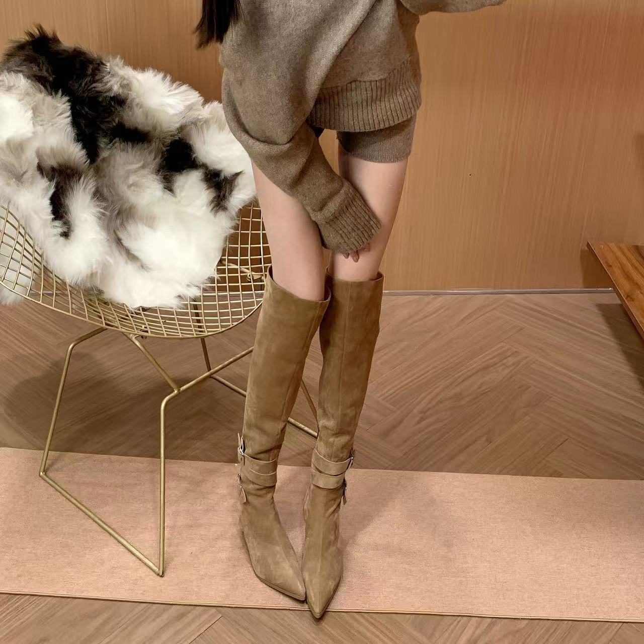 2025 Autumn/Winter Maillard Suede Pointed-Toe Stiletto Heel Long Boots for Women, Retro Belt Buckle Slimming High-Heel Riding Boots