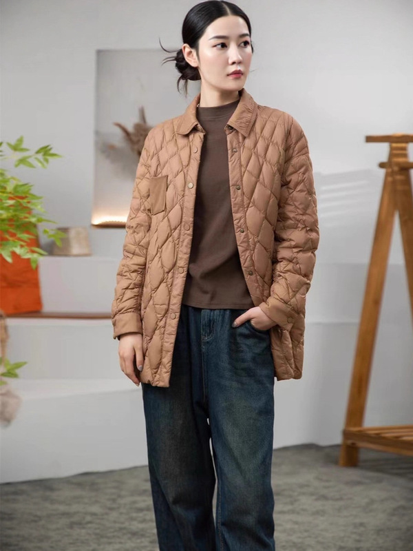 轻薄衬衫领羽绒服女侧边抽绳廓形遮臀中长款小个子90白鸭绒羽绒外|undefined
