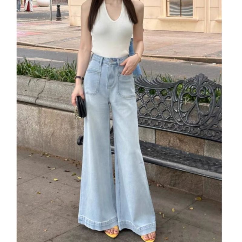 宽松浅色显瘦超小个子阔腿牛仔裤女2025直筒复古垂感拖地长裤港味|undefined