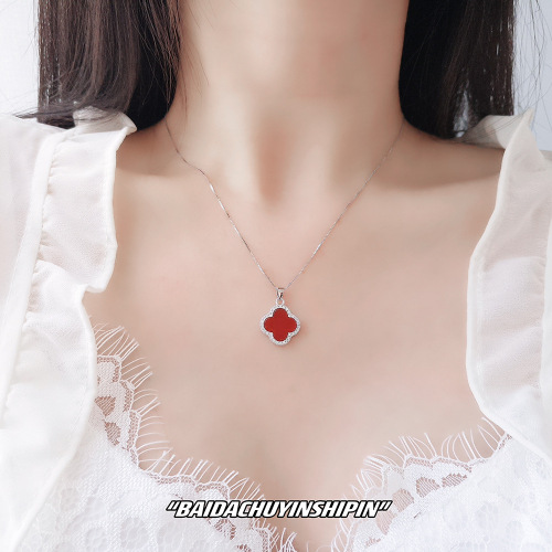 s925 silver agate four-leaf clover pendant Korean chic women's temperament four-leaf clover necklace clavicle chain fashion jewelry