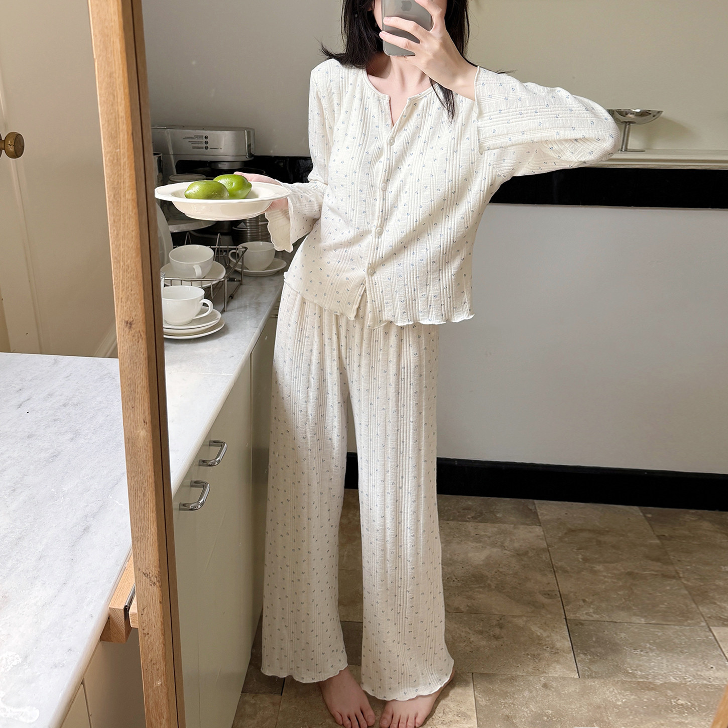 春秋季针织棉带胸垫睡衣女长袖开衫长裤套装甜美少女家居服可外穿