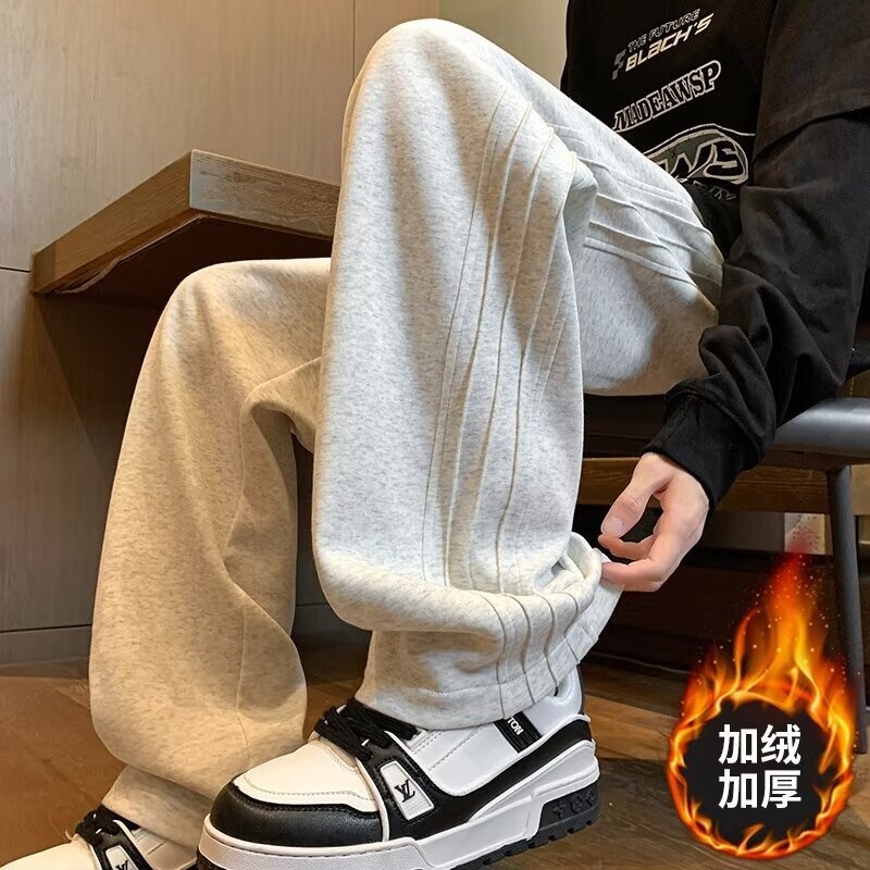 Trendy Brand Loose fleece-lined Thickened Sports Pants Men's Autumn American Style Retro Grey Wide Leg Pants Dose Casual Pants Trendy