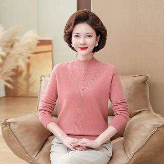 【100%纯羊毛】女装厚款中老年打底衫妈妈毛衣上衣针织羊毛衫秋冬