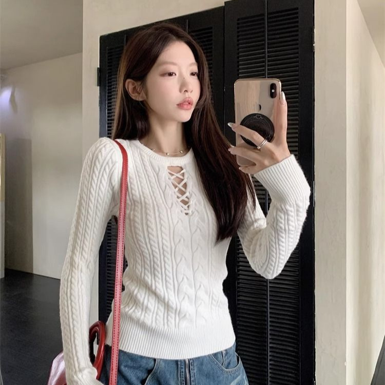 2024 new twist cross hollow long sleeve sweater women's autumn slim soft waxy inner sweater top women's
